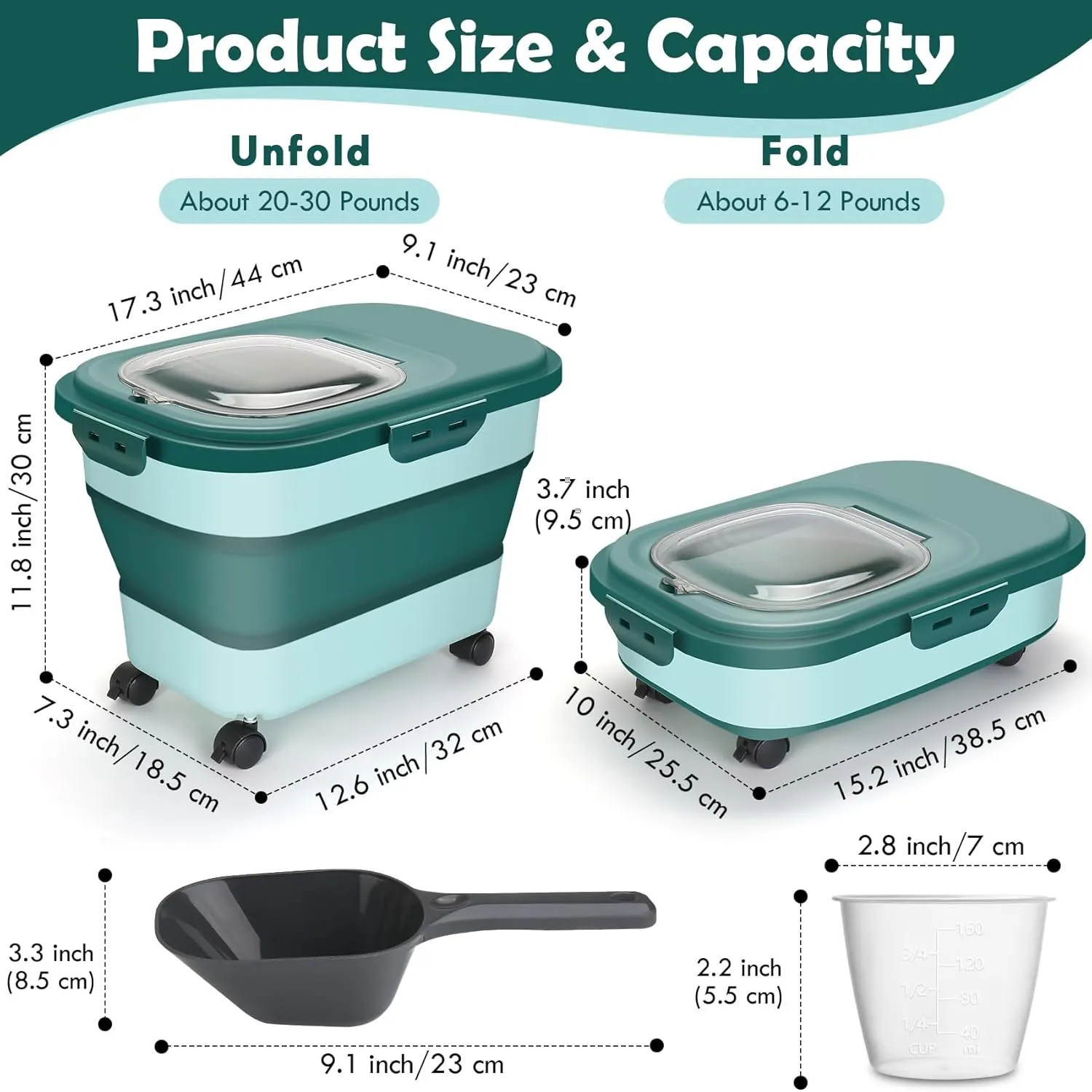 Rice Storage Container, 20Lbs Flour Container, Airtight Large Pet Dog Cat Food Storage Dispenser Bin with Wheels, Scoop & Measuring Cup, Collapsible Kitchen Dry Food Holder for Rice Cereal Kibble
