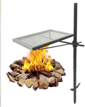 Rotating Campfire Grill with Carry Bag, Heavy Duty Steel Fire Pit Grill, 360° Adjustable Height for Outdoor Cooking BBQ, Portable Camping Grill Over Open Fire
