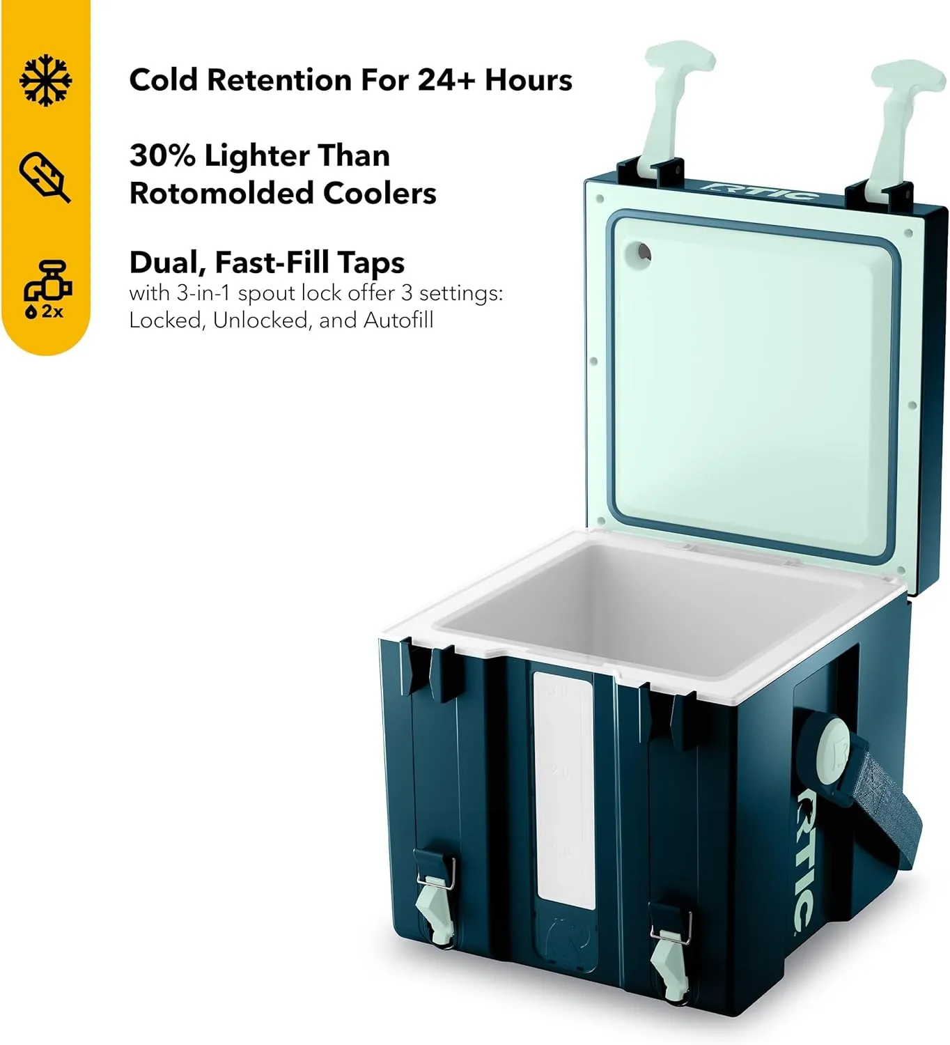 RTIC Halftime Water Cooler 3 Gallon Portable Carrier Container, Drink Beverage Dispenser, Stackable with 2 Taps, Bottleless, BPA-Free, for Sports, Camping, BBQ, Parties, Picnic, Marine/Fresh Mint