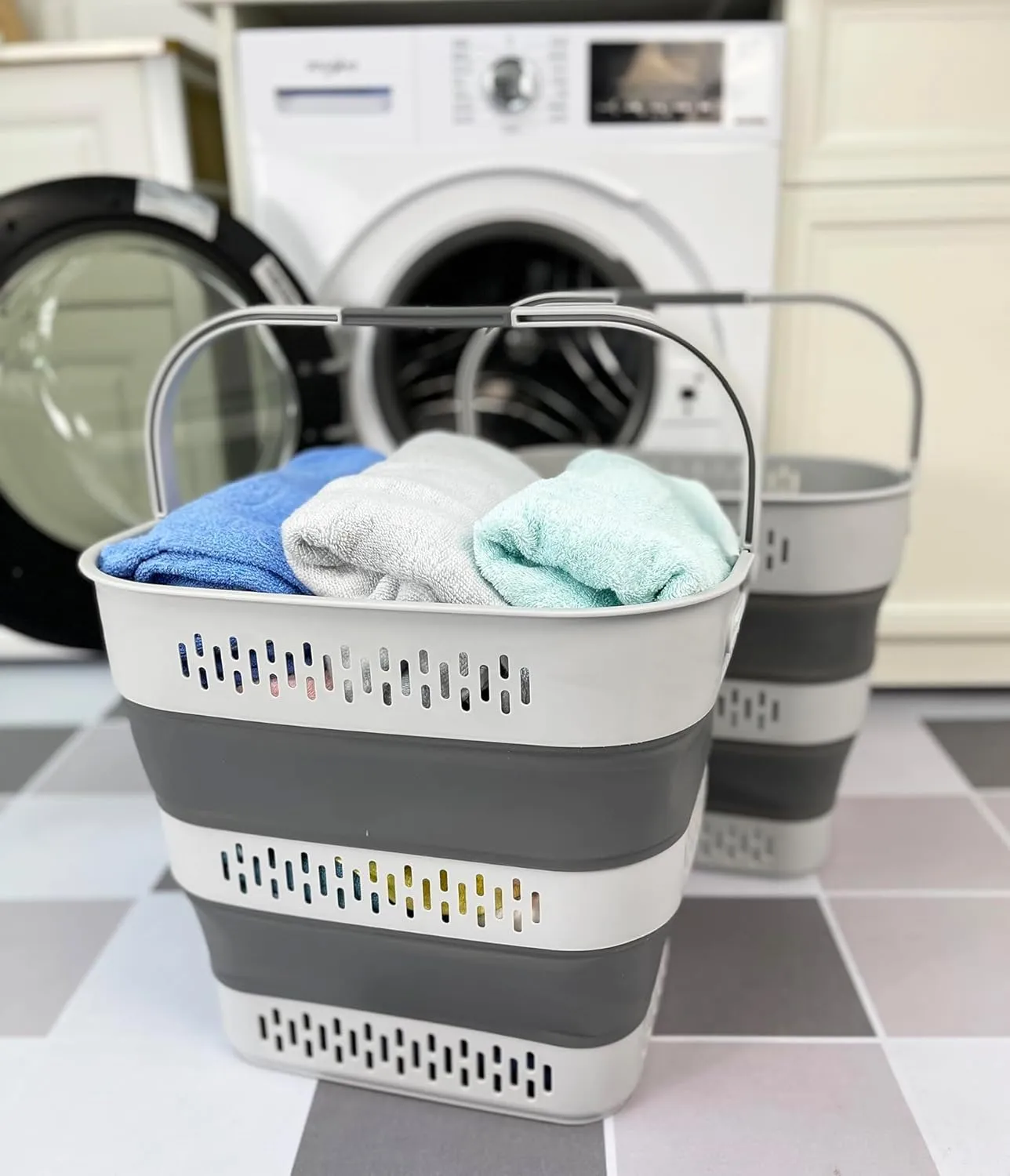 SAMMART 40L (10.5 Gallon) Collapsible Plastic Laundry Basket with Handles - Foldable Pop Up Storage Container/Organizer - Portable Laundry Hamper - Space Saving (2, Grey)