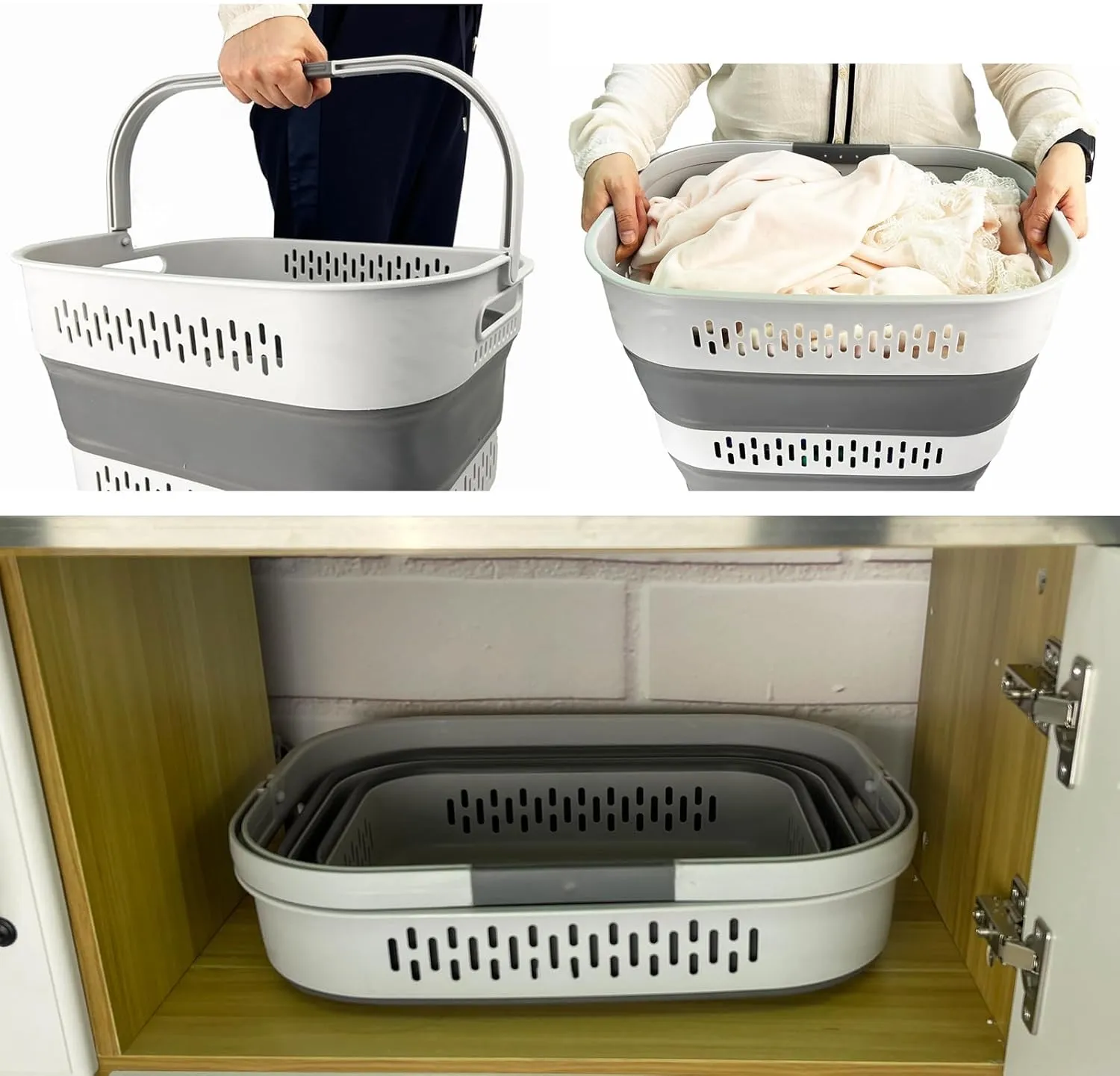 SAMMART 40L (10.5 Gallon) Collapsible Plastic Laundry Basket with Handles - Foldable Pop Up Storage Container/Organizer - Portable Laundry Hamper - Space Saving (2, Grey)