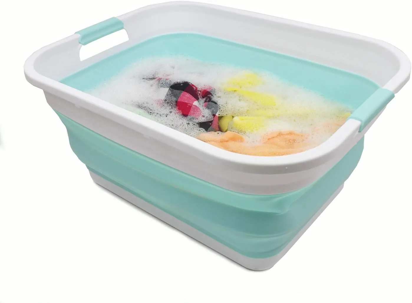 SAMMART 41L (10.8 gallon) Collapsible Plastic Laundry Basket-Foldable Pop Up Storage Container/Organizer-Portable Washing Tub, Water capacity: 32L (8.4 gallon) (Rectangular, White/Lake Green)