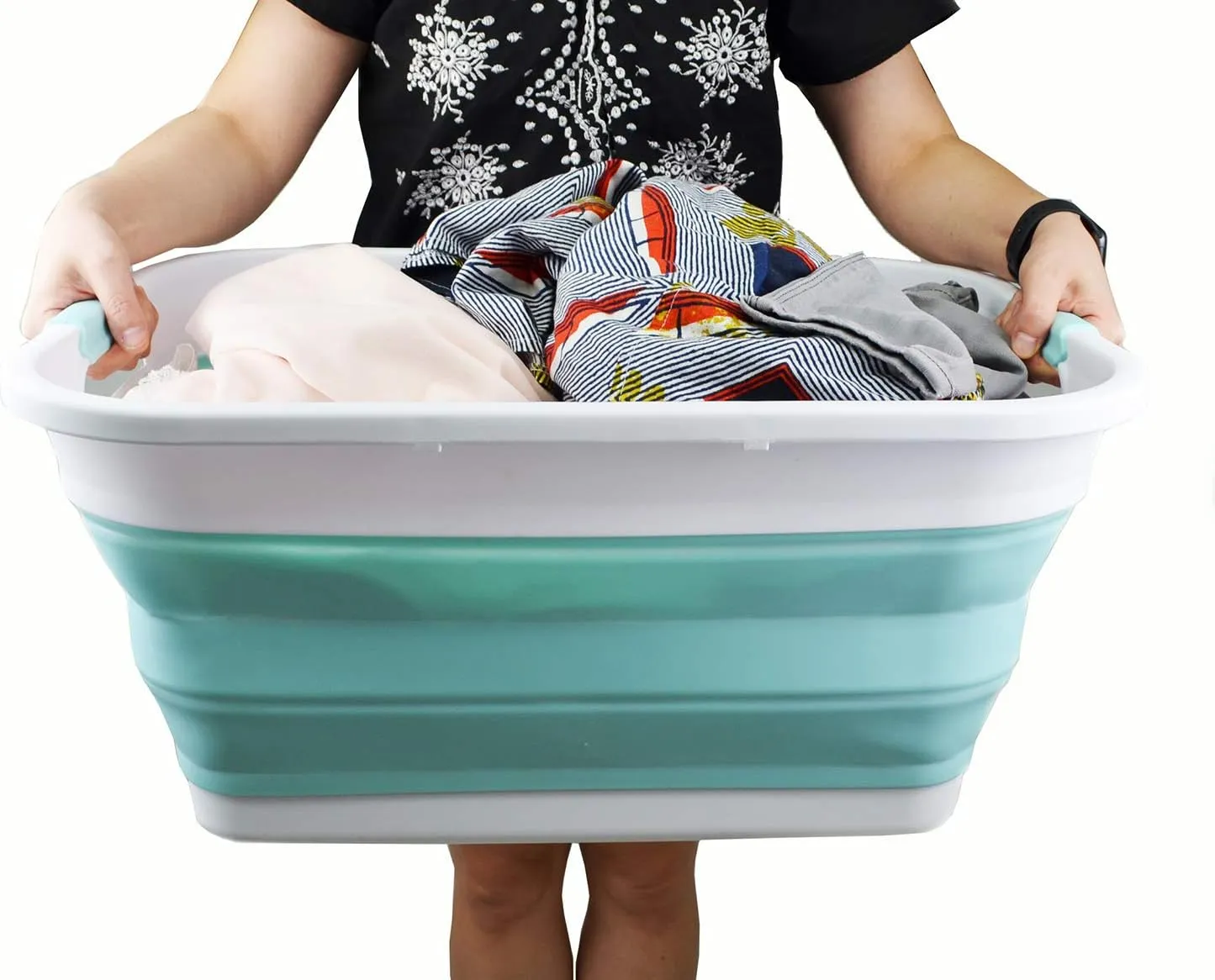 SAMMART 41L (10.8 gallon) Collapsible Plastic Laundry Basket-Foldable Pop Up Storage Container/Organizer-Portable Washing Tub, Water capacity: 32L (8.4 gallon) (Rectangular, White/Lake Green)
