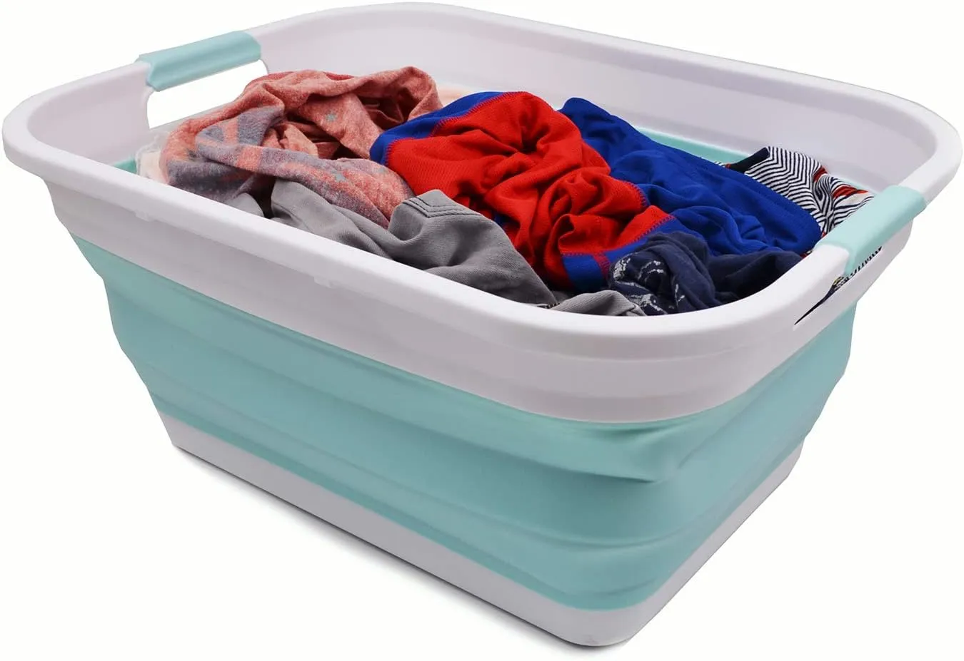 SAMMART 41L (10.8 gallon) Collapsible Plastic Laundry Basket-Foldable Pop Up Storage Container/Organizer-Portable Washing Tub, Water capacity: 32L (8.4 gallon) (Rectangular, White/Lake Green)