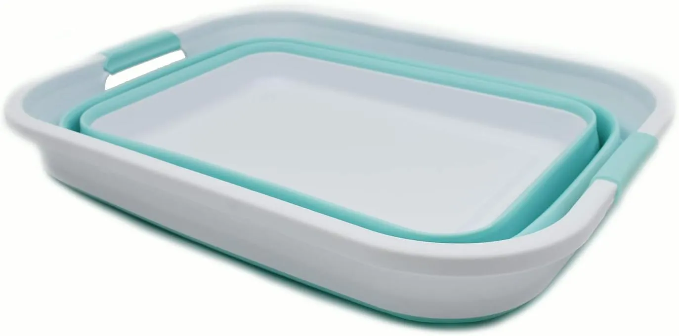 SAMMART 41L (10.8 gallon) Collapsible Plastic Laundry Basket-Foldable Pop Up Storage Container/Organizer-Portable Washing Tub, Water capacity: 32L (8.4 gallon) (Rectangular, White/Lake Green)
