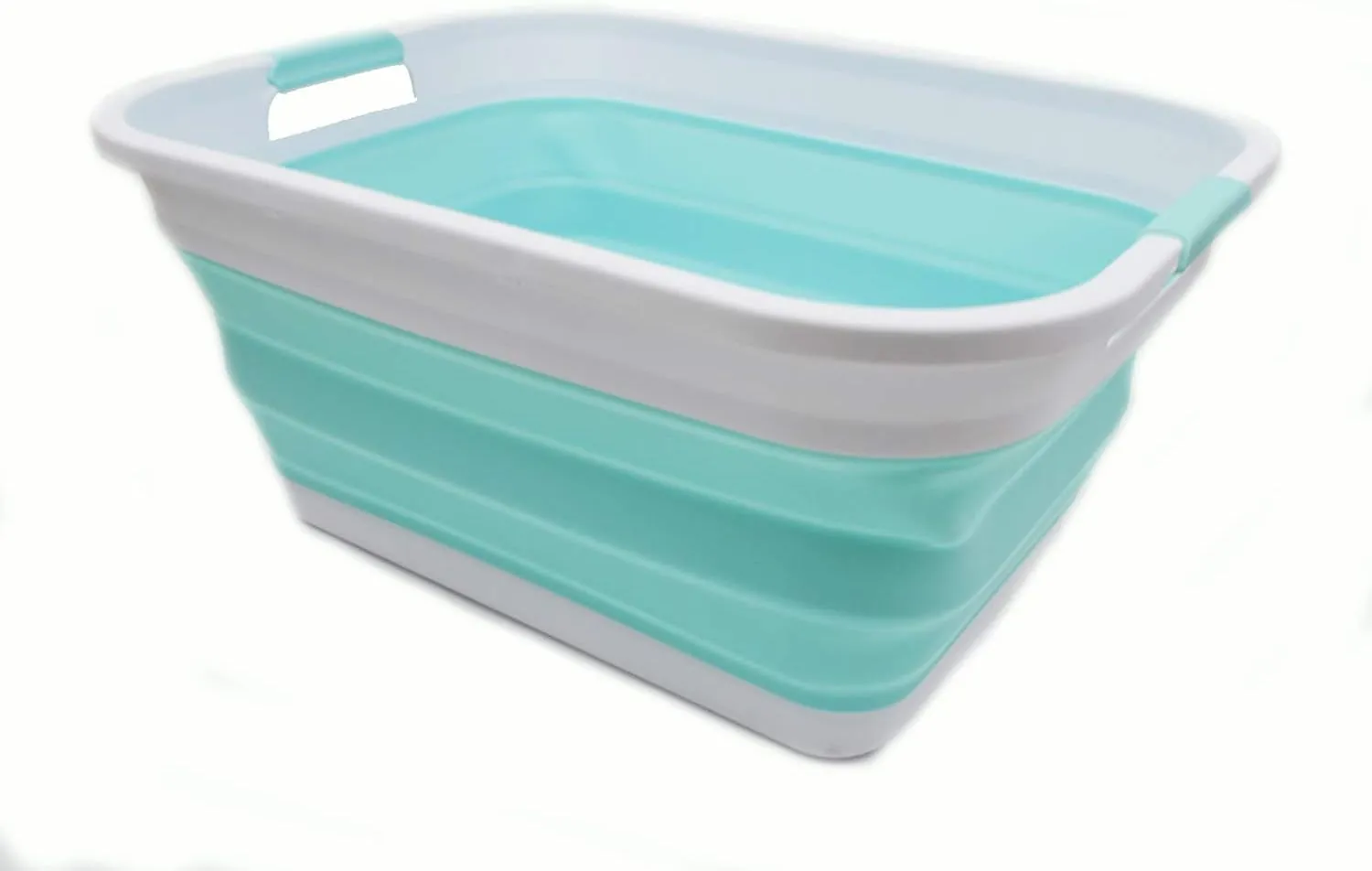 SAMMART 41L (10.8 gallon) Collapsible Plastic Laundry Basket-Foldable Pop Up Storage Container/Organizer-Portable Washing Tub, Water capacity: 32L (8.4 gallon) (Rectangular, White/Lake Green)