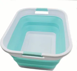 SAMMART 41L (10.8 gallon) Collapsible Plastic Laundry Basket-Foldable Pop Up Storage Container/Organizer-Portable Washing Tub, Water capacity: 32L (8.4 gallon) (Rectangular, White/Lake Green)