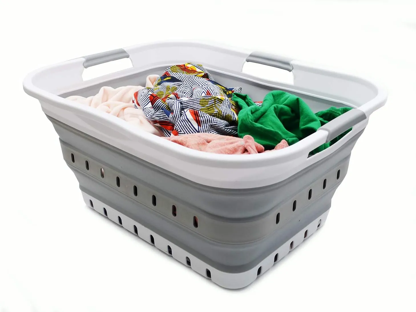 SAMMART 42L (11 gallon) Collapsible Plastic Laundry Basket - Foldable Pop Up Storage Container/Organizer - Space Saving Hamper/Basket (1, White/Grey)