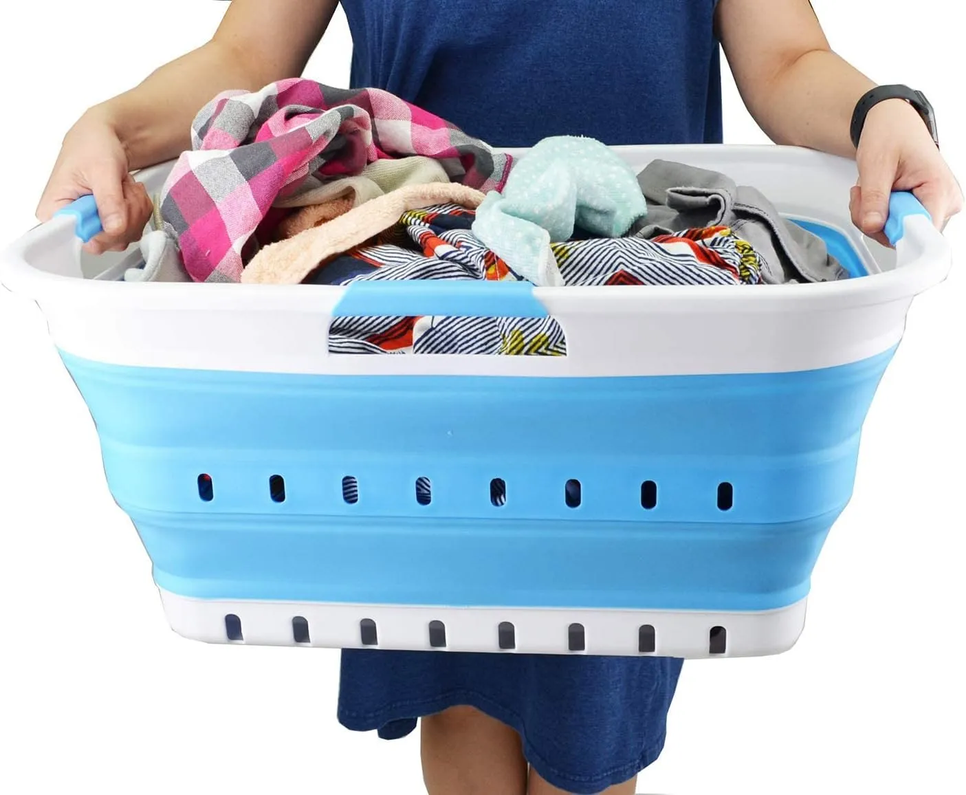 SAMMART 42L (11 gallon) Collapsible Plastic Laundry Basket - Foldable Pop Up Storage Container/Organizer - Space Saving Hamper/Basket (1, White/Marine Blue)