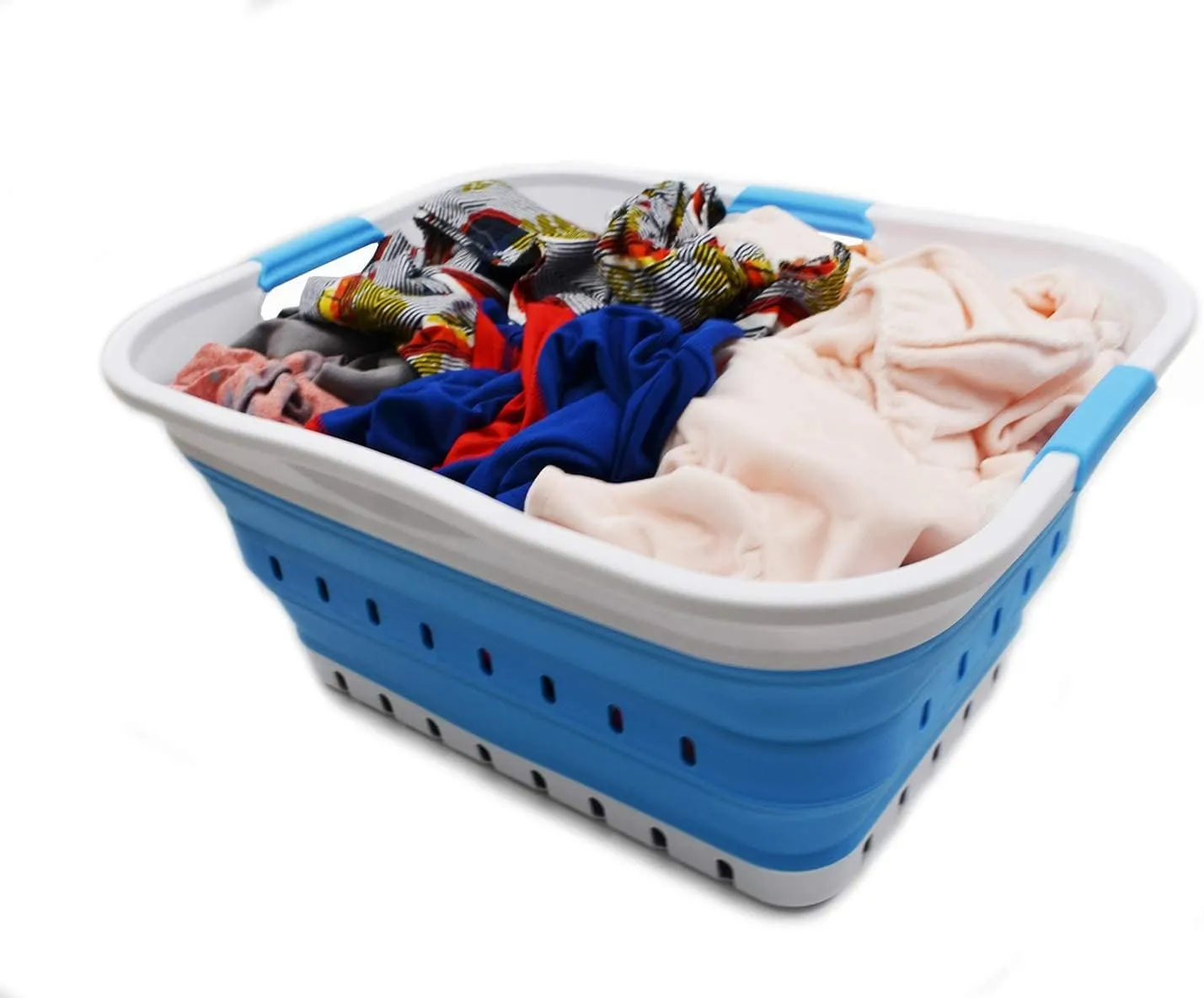 SAMMART 42L (11 gallon) Collapsible Plastic Laundry Basket - Foldable Pop Up Storage Container/Organizer - Space Saving Hamper/Basket (1, White/Marine Blue)