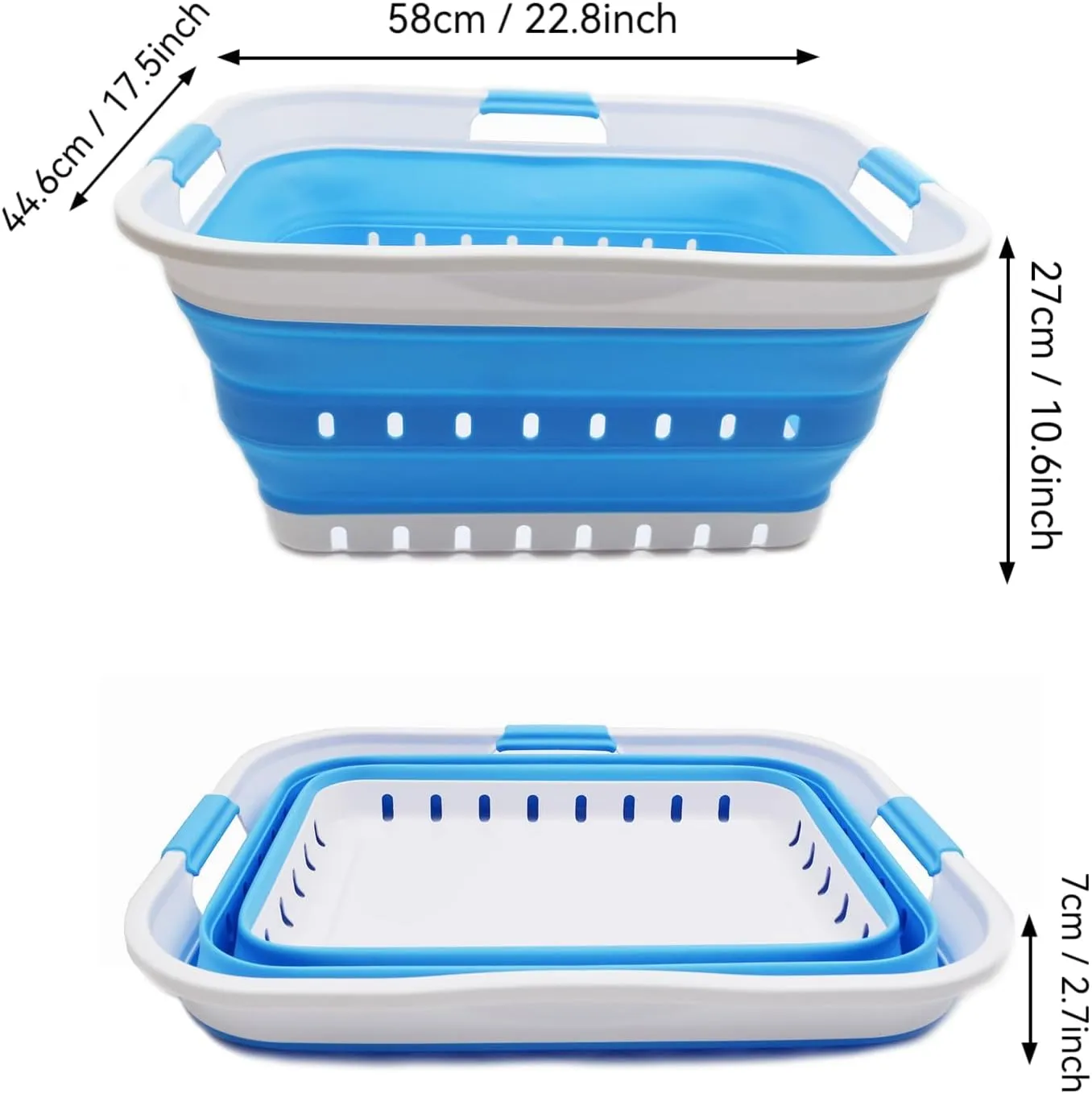 SAMMART 42L (11 gallon) Collapsible Plastic Laundry Basket - Foldable Pop Up Storage Container/Organizer - Space Saving Hamper/Basket (1, White/Marine Blue)
