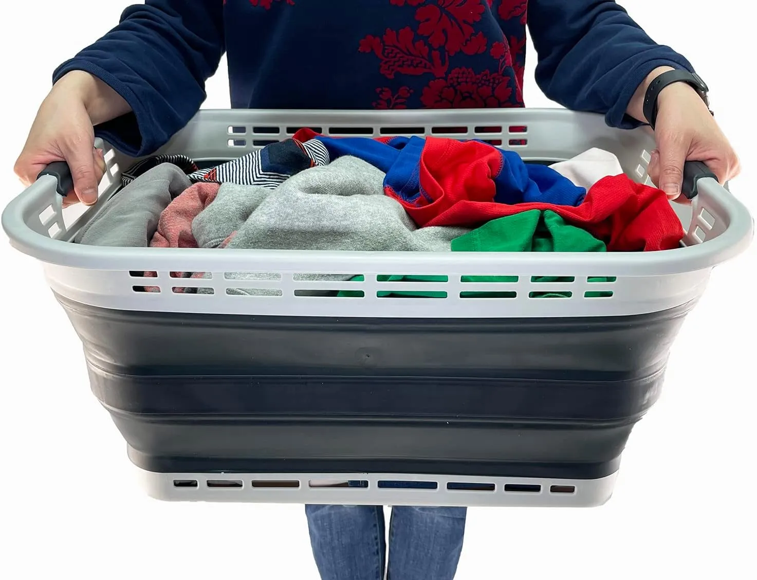 SAMMART 42L (11 Galloons) Collapsible Plastic Laundry Basket - Foldable Pop Up Storage Container/Organizer - Portable Washing Tub - Space Saving Hamper/Basket (Grey/Slate Grey) [BPA Free]