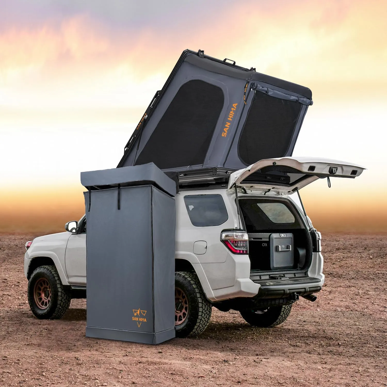 Sanhima Hotham Overland Aluminium Rooftop Tent w/Shower Tent - 3 Person, Modern Style, Black, Waterproof, 4 Season, Car Camping, 78.74" x 52.36" x 58.27"