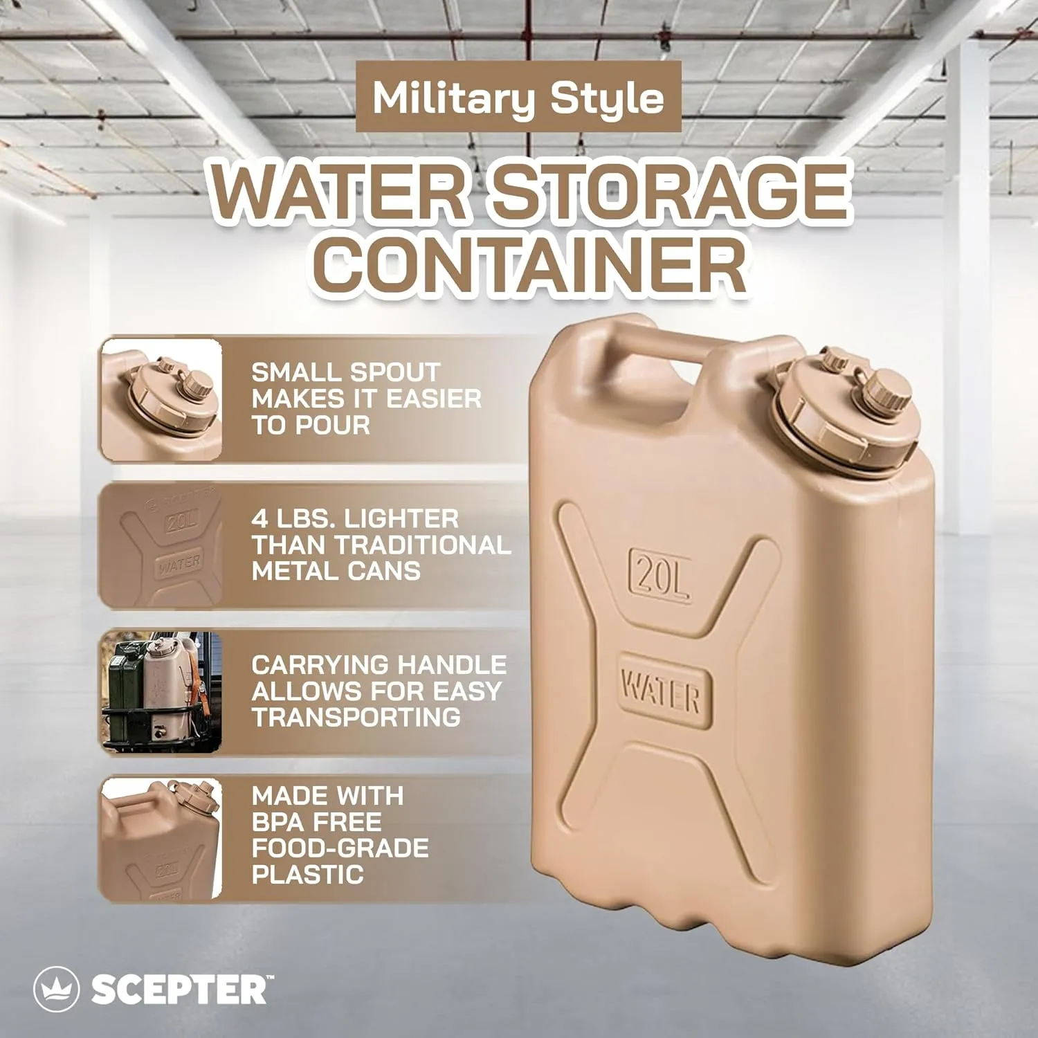 Scepter BPA Durable 5 Gallon 20 Liter Portable Military Water Storage Container for Camping, Outdoors and Emergency Management