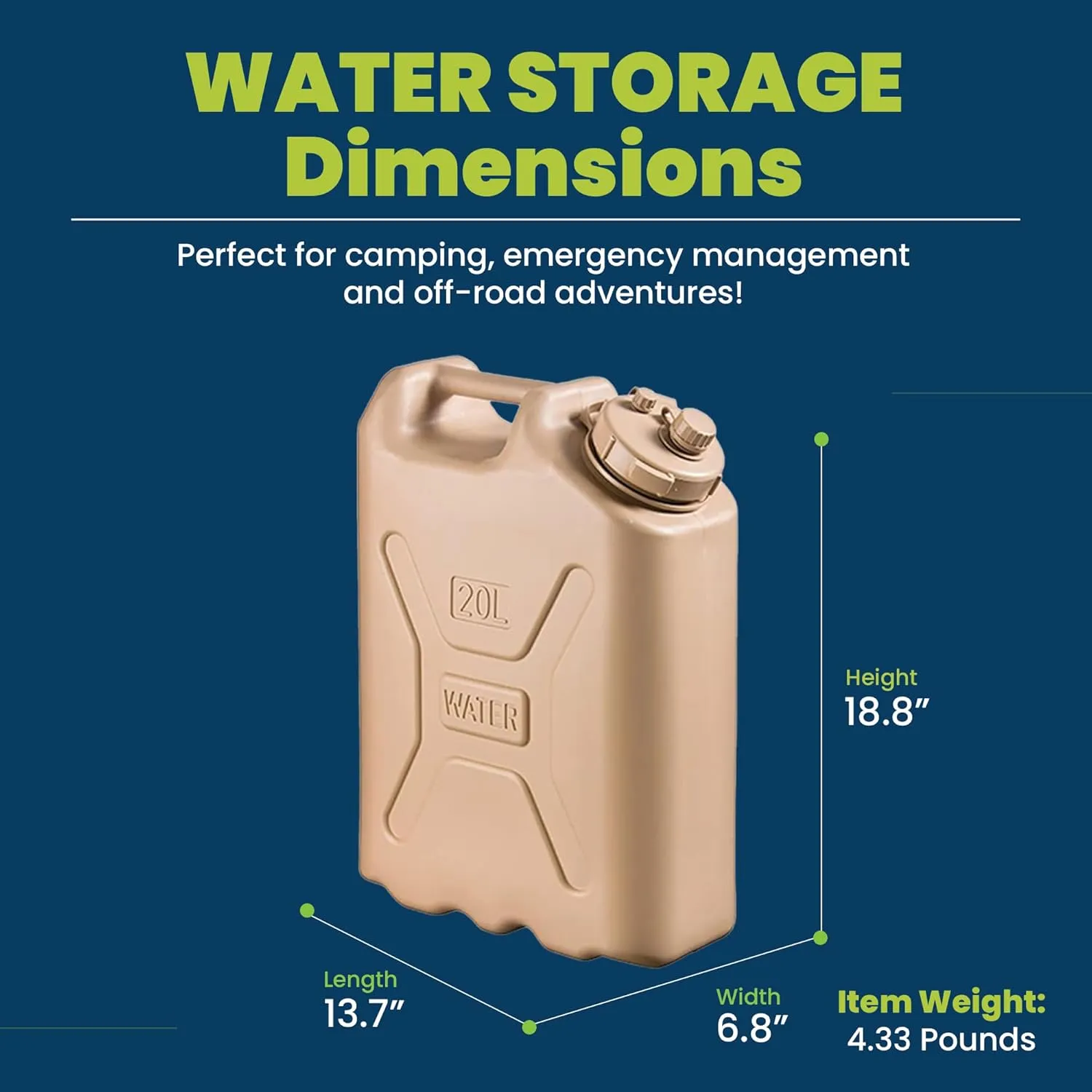 Scepter BPA Durable 5 Gallon 20 Liter Portable Military Water Storage Container for Camping, Outdoors and Emergency Management