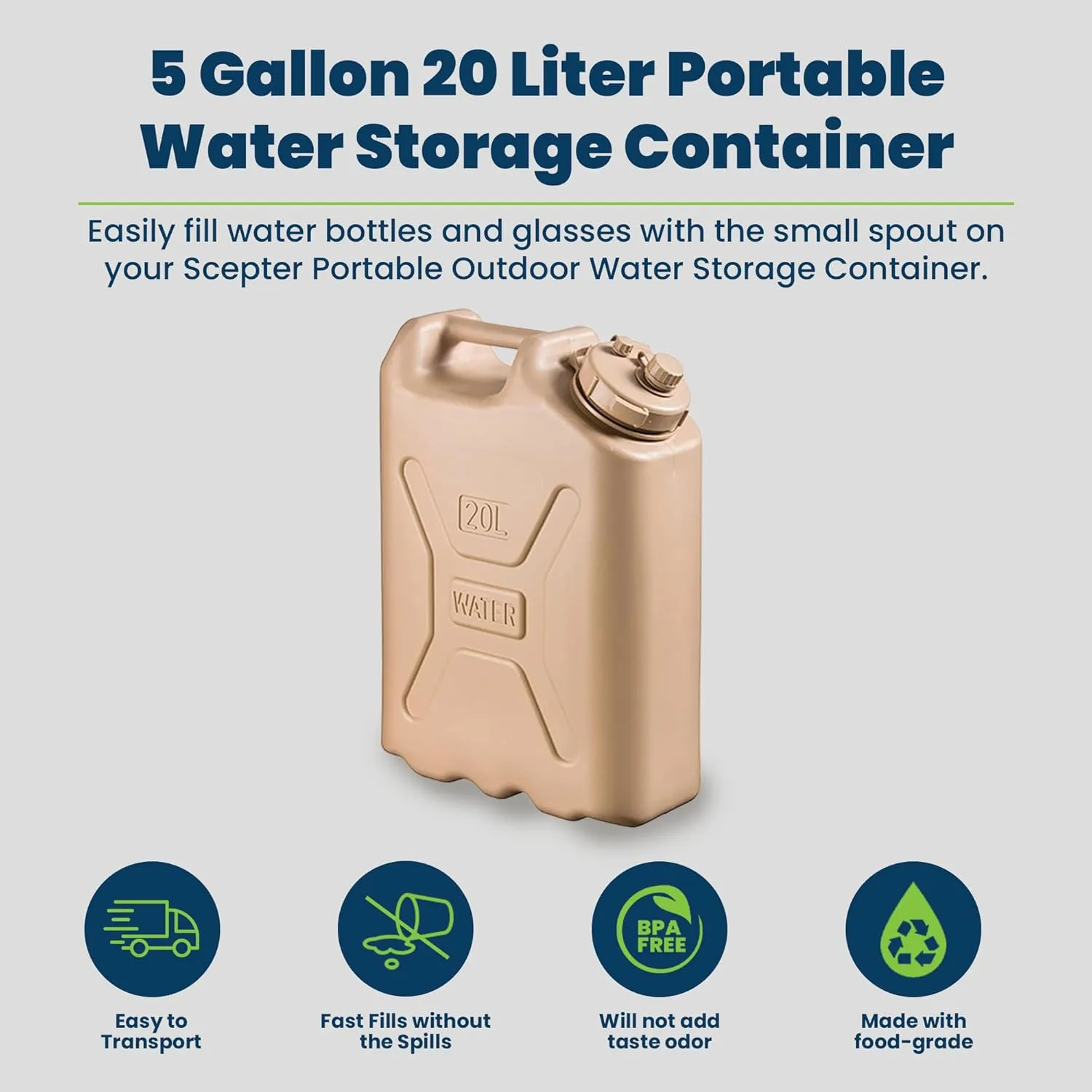 Scepter BPA Durable 5 Gallon 20 Liter Portable Military Water Storage Container for Camping, Outdoors and Emergency Management