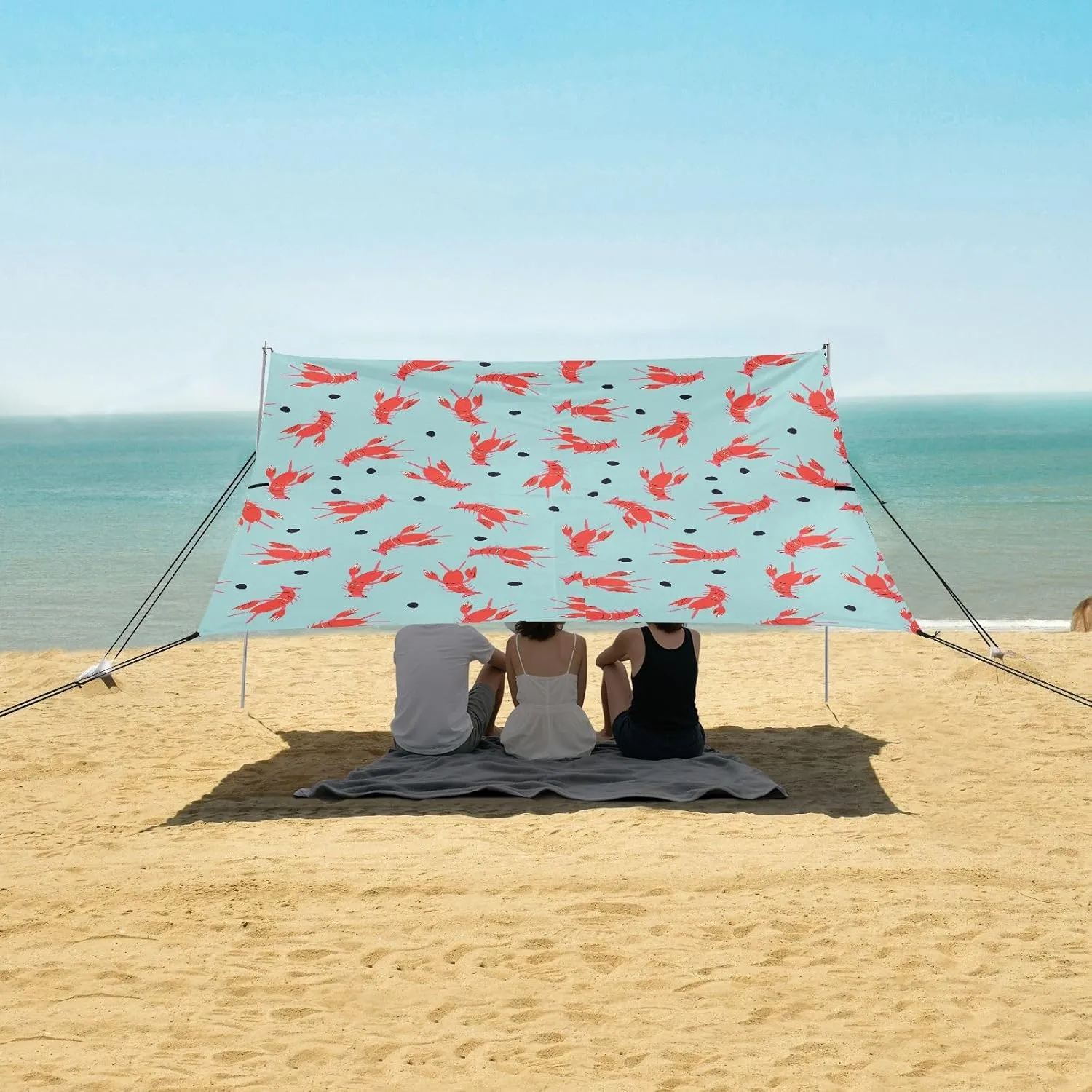 Seamless Red Crayfish Beach Canopy Tent Anti-UV & Wind Resistant, Cartoon Summer Camping Sun Shelter Easy Setup Portable,Outdoor Shade Tents with Sandbags,Sand Shovels,Ground Pegs & Stability Po