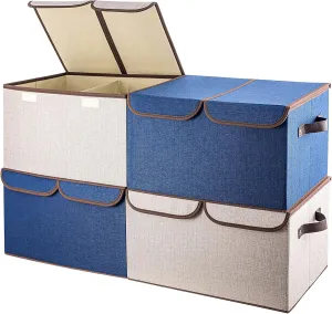 senbowe Larger Storage Cubes [4-Pack] 33 Quart Linen Fabric Foldable Collapsible Storage Cube Bin Organizer Basket with Lid, Handles, Removable Divider For Home, Closet