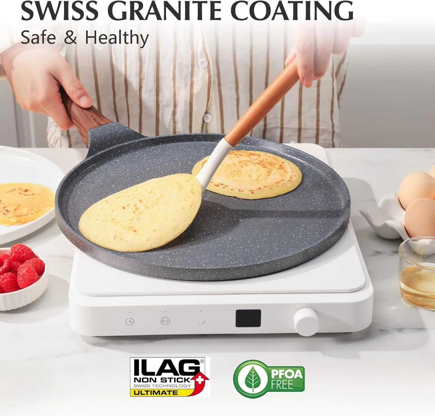 SENSARTE Nonstick Crepe Pan, Swiss Granite Coating Dosa Pan Pancake Flat Skillet Tawa Griddle 12-Inch with Stay-Cool Handle, Induction Compatible, PFOA Free