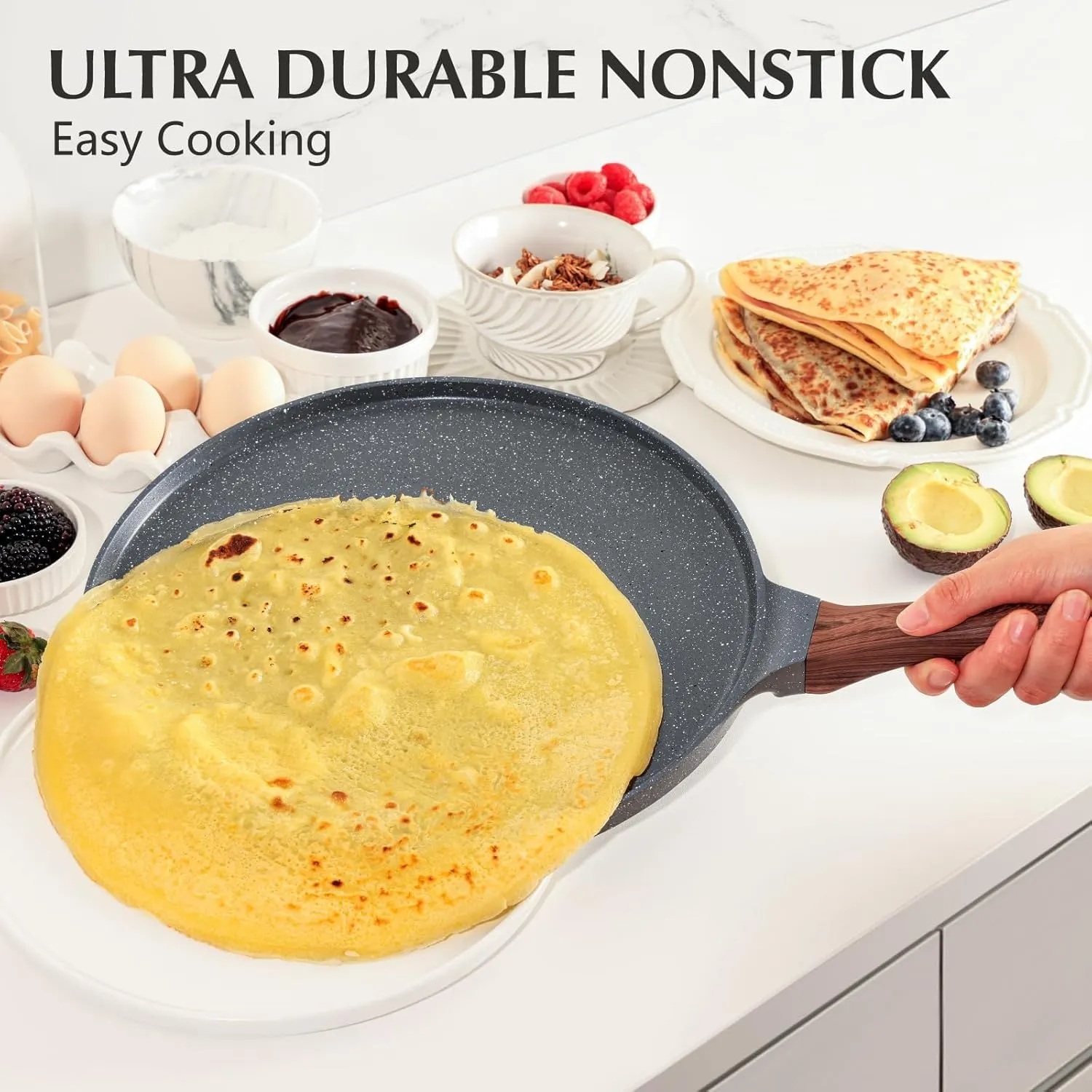 SENSARTE Nonstick Crepe Pan, Swiss Granite Coating Dosa Pan Pancake Flat Skillet Tawa Griddle 12-Inch with Stay-Cool Handle, Induction Compatible, PFOA Free