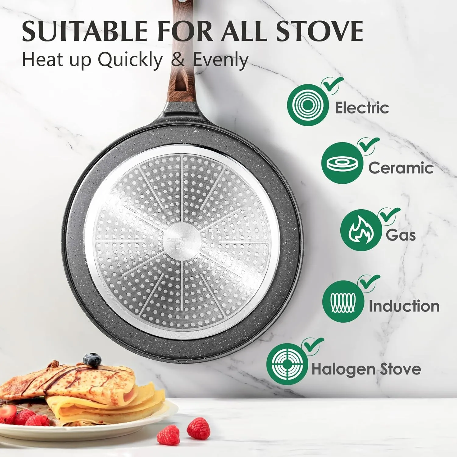 SENSARTE Nonstick Crepe Pan, Swiss Granite Coating Dosa Pan Pancake Flat Skillet Tawa Griddle 12-Inch with Stay-Cool Handle, Induction Compatible, PFOA Free