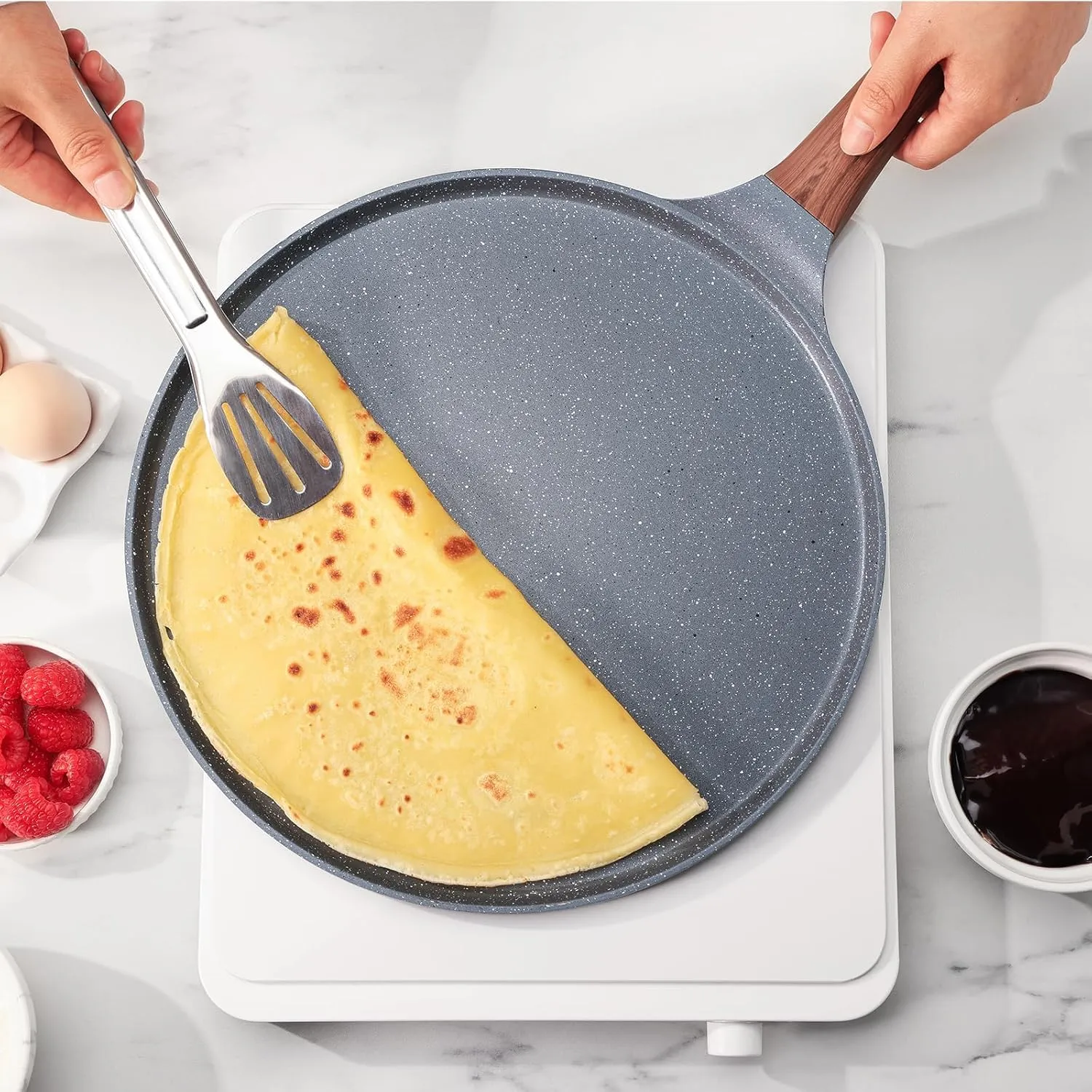 SENSARTE Nonstick Crepe Pan, Swiss Granite Coating Dosa Pan Pancake Flat Skillet Tawa Griddle 12-Inch with Stay-Cool Handle, Induction Compatible, PFOA Free