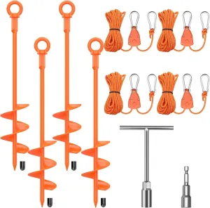 Shed Anchor Kit, 4 Pack 18" Screw in Tent Stakes Heavy Duty Kit, Earth Anchors Heavy Duty with 4 Strong Straps for High Winds, Spiral Trampoline Stakes for Tent Sheds Canopy Gazebo Swing Set （Orange）