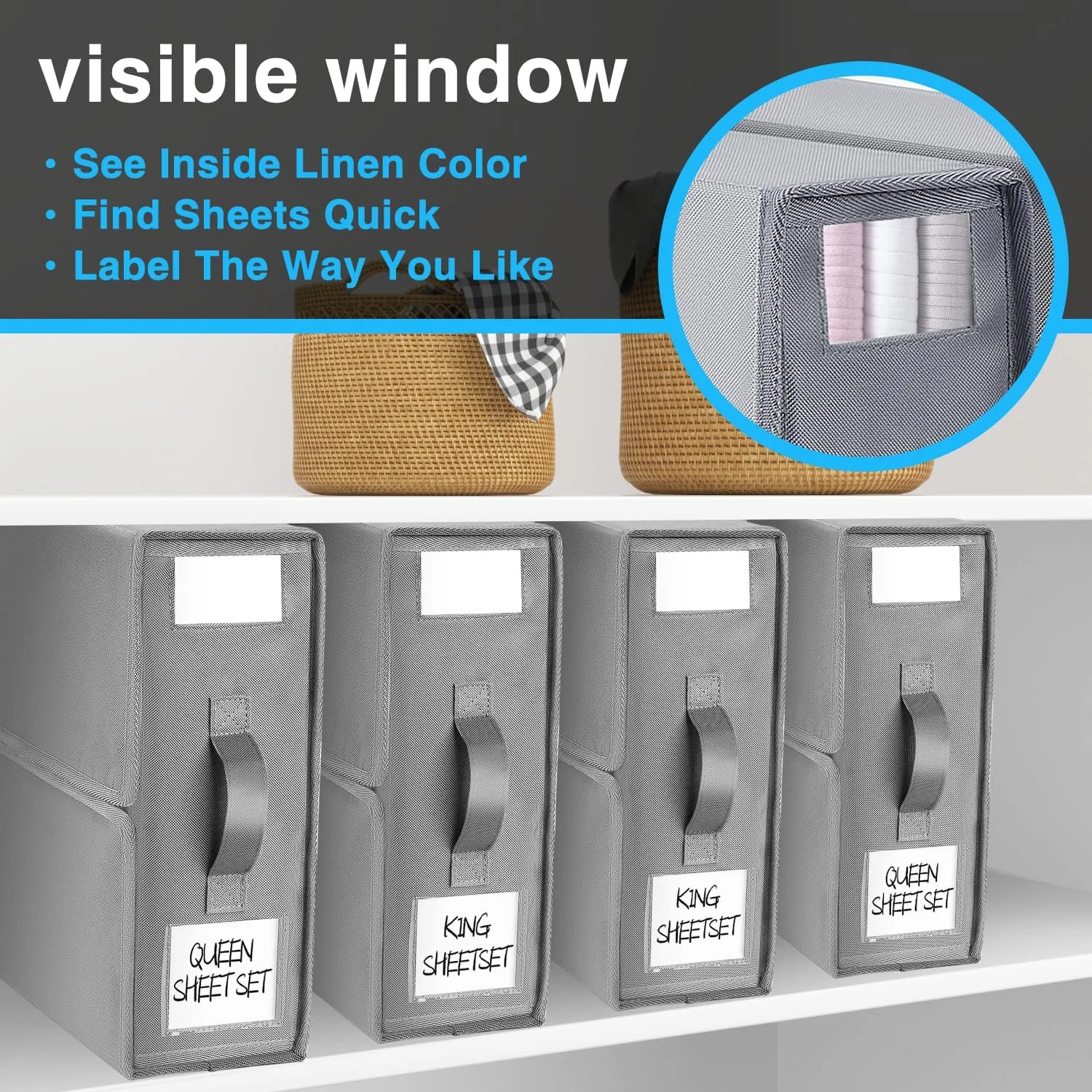 SheetCube Bed Sheet Organizers and Storage,4 Pack Sheet Folder Organizer (Queen or King Size), Linen Closet Organizer for Bedding Sheets,Duvet Covers and Pillow cases,Grey
