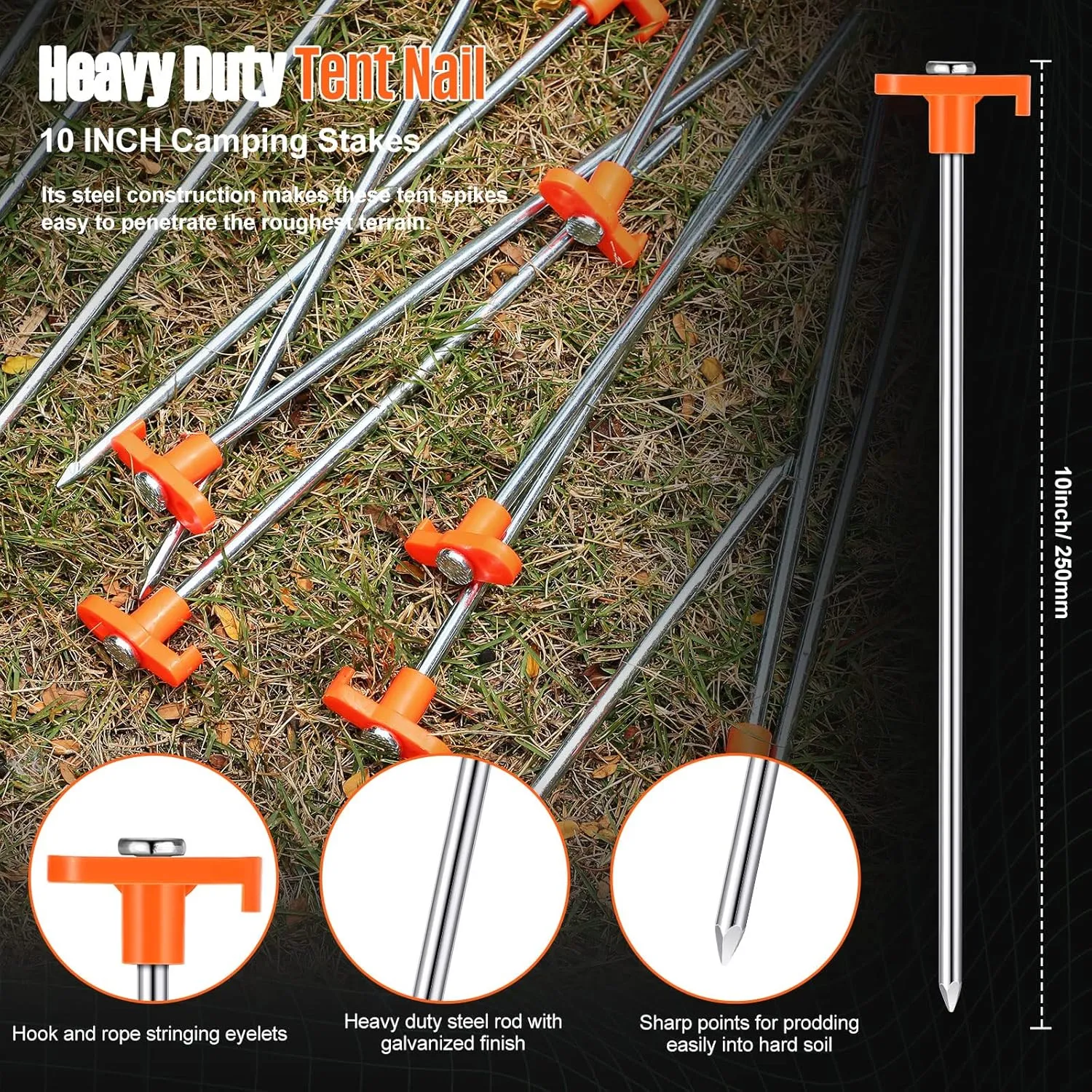 Shimeyao 10" Tent Stakes Camping Heavy Duty Stakes Bulk Metal Ground Pegs Camping Spikes Galvanized for Outdoor Pitching Canopy