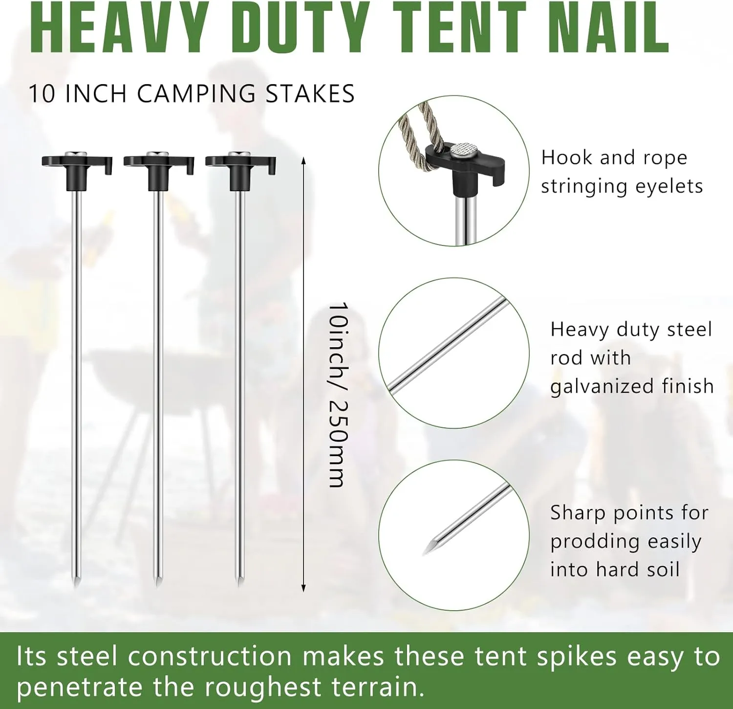 Shimeyao 10" Tent Stakes Camping Heavy Duty Stakes Bulk Metal Ground Pegs Camping Spikes Galvanized for Outdoor Pitching Canopy