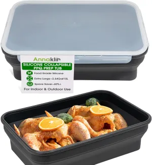 Silicone Collapsible Marinating Container with Lid for Meat, Extra Large Collapsible BBQ Prep Tub, 2.64Gal/10L, Transparent Locking Lid, XL Grill Prep Trays and Carry System, BBQ Must-Have, Black