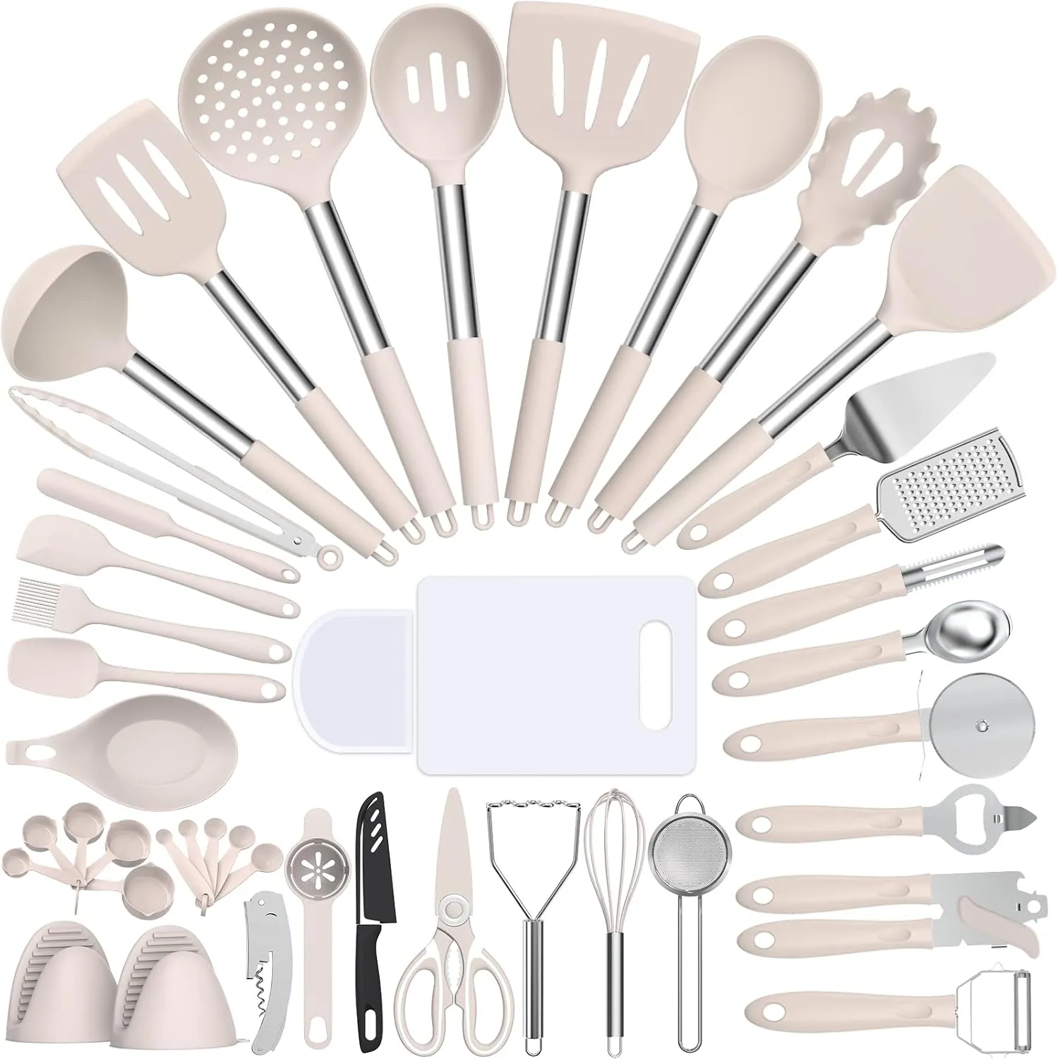 Silicone Cooking Utensil Set, Umite Chef 43 PCS Heat Resistant Kitchen Utensil Gadgets Set-Stainless Steel Handle- Kitchen Spatula Tools for Nonstick Cookware, Pots and Pans Accessories (Khaki)