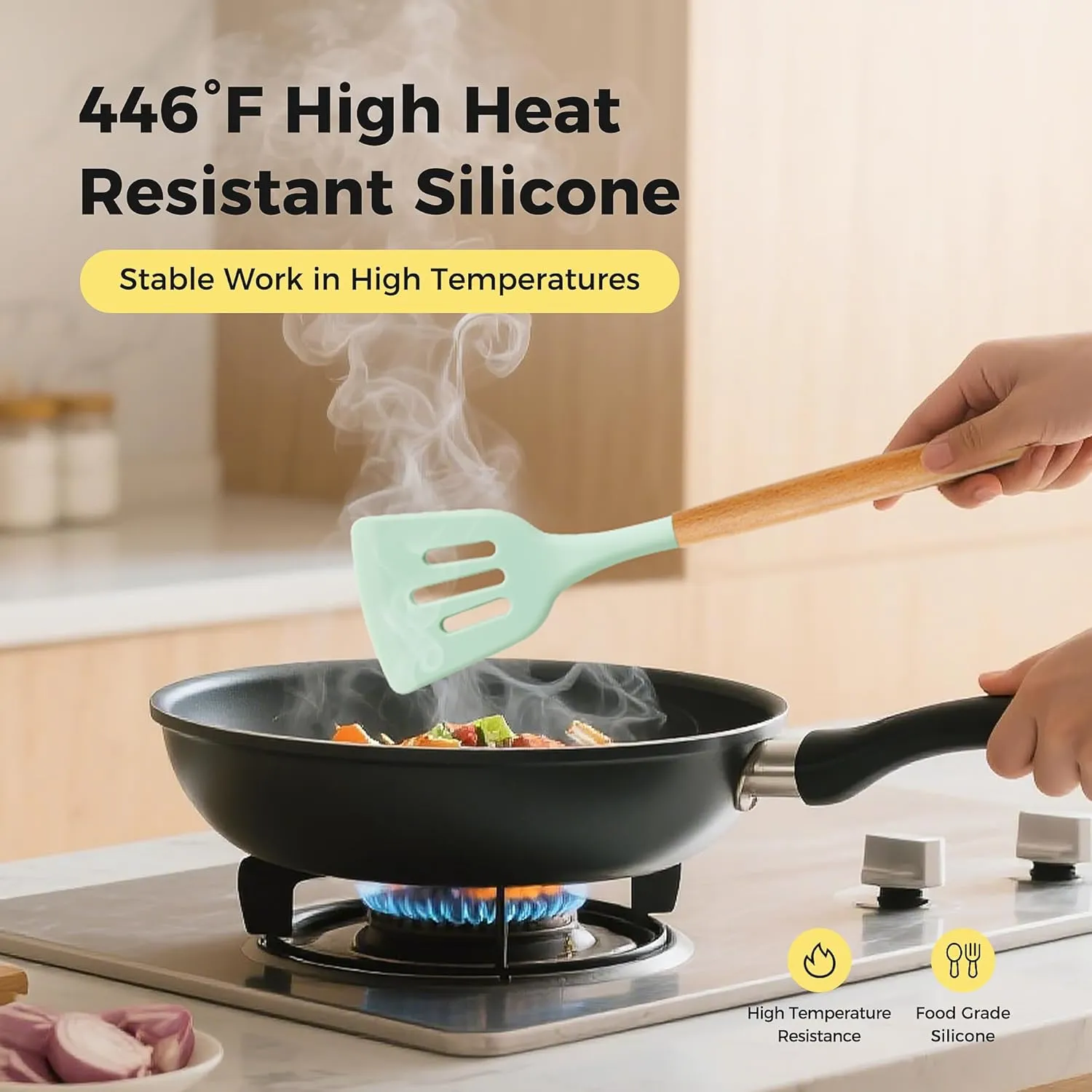Silicone Cooking Utensils Set with Holder, Non-stick Kitchen Utensils Set, Wooden Handle Heat Resistance Silicone Spatula Spoon Kitchen Gadgets for Cooking and Serving, 26 Pieces (Light Green)
