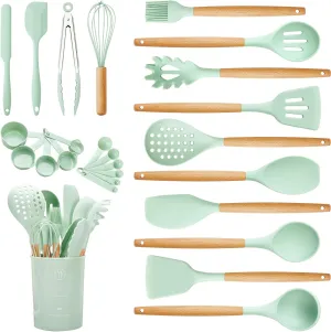 Silicone Cooking Utensils Set with Holder, Non-stick Kitchen Utensils Set, Wooden Handle Heat Resistance Silicone Spatula Spoon Kitchen Gadgets for Cooking and Serving, 26 Pieces (Light Green)