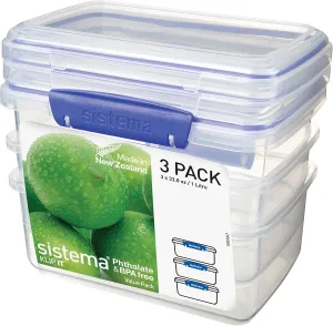 Sistema KLIP IT Rectangular Collection Food Storage Container, 33.8 oz./1.0 L, Clear/Blue, 3 Count