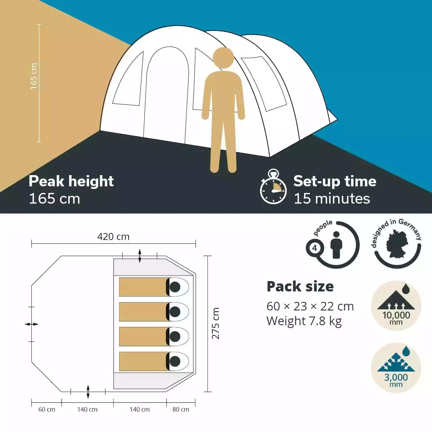 Skandika Kambo 4 Tent Tunnel 4 Person in Beige Tent (SKA0040)