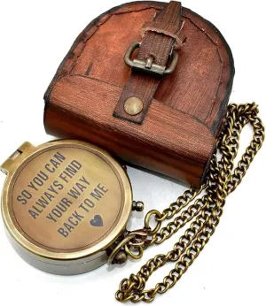 So You Can Always Find Your Way Back Home Engraved Compass with Leather Case - Brass Pocket Compass, Personalized Compass, for Men, him/her, Wedding Anniversary, Baptism Religious