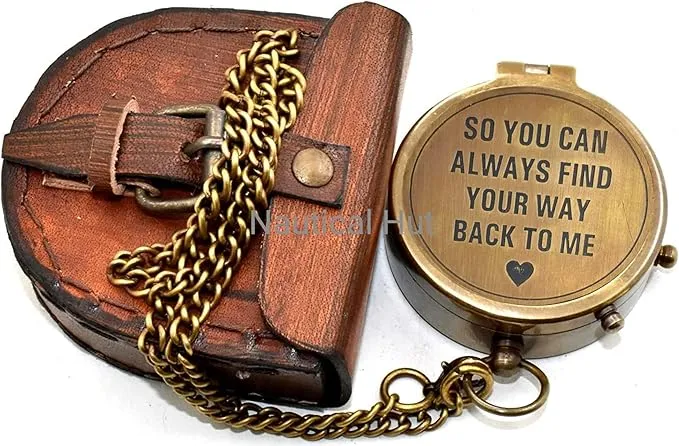 So You Can Always Find Your Way Back Home Engraved Compass with Leather Case - Brass Pocket Compass, Personalized Compass, for Men, him/her, Wedding Anniversary, Baptism Religious