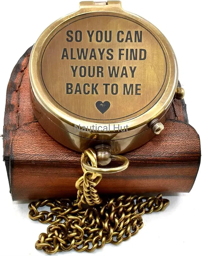 So You Can Always Find Your Way Back Home Engraved Compass with Leather Case - Brass Pocket Compass, Personalized Compass, for Men, him/her, Wedding Anniversary, Baptism Religious