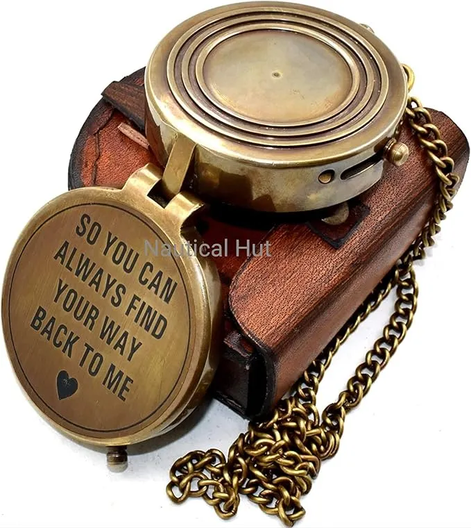 So You Can Always Find Your Way Back Home Engraved Compass with Leather Case - Brass Pocket Compass, Personalized Compass, for Men, him/her, Wedding Anniversary, Baptism Religious