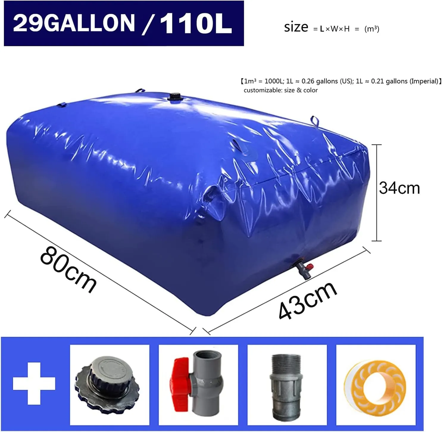 Soft Drought-Resistant Water Bag ,Collapsible Water Storage Bladder for Drought-Resistant, Large Capacity Emergency Water Tank , Outdoor Flexible Rainwater Bag ( Size : 0.8*0.43*0.34m/110 L/29 gallon