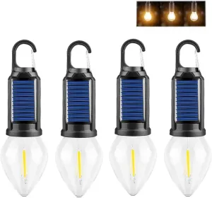 Solar Rechargeable Hooked Camping Light, Solar Tent Lights USB Rechargeable LED Camping Lantern, Outdoor Hanging Light Bulbs, Portable Outdoor Waterproof Emergency Light Bulb (Conical,4 PCS)