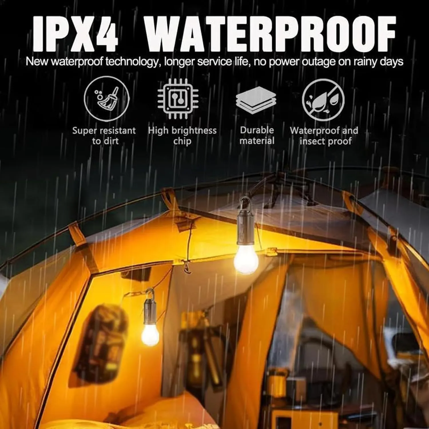 Solar Rechargeable Hooked Camping Light, Solar Tent Lights USB Rechargeable LED Camping Lantern, Outdoor Hanging Light Bulbs, Portable Outdoor Waterproof Emergency Light Bulb (Conical,4 PCS)