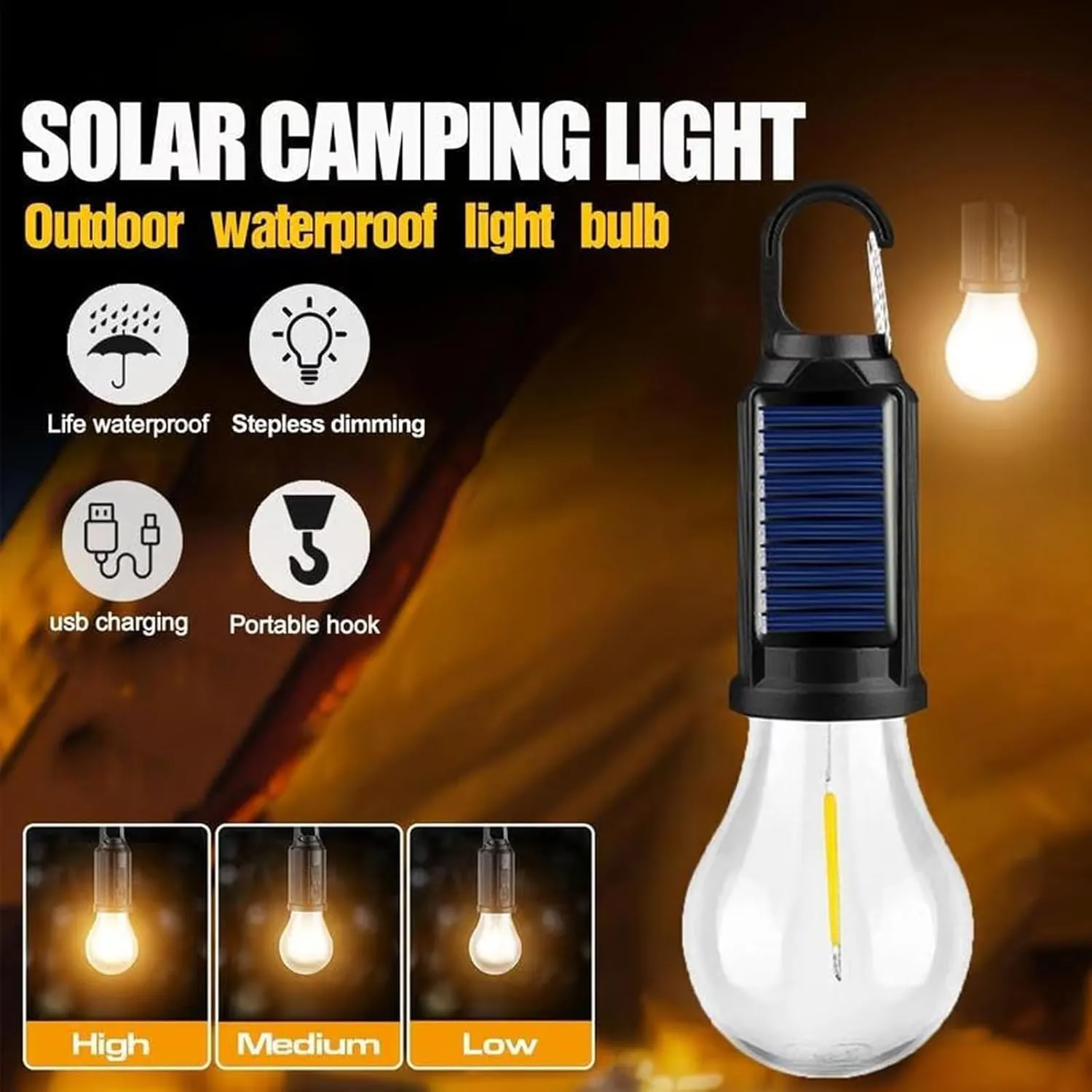 Solar Rechargeable Hooked Camping Light, Solar Tent Lights USB Rechargeable LED Camping Lantern, Outdoor Hanging Light Bulbs, Portable Outdoor Waterproof Emergency Light Bulb (Conical,4 PCS)