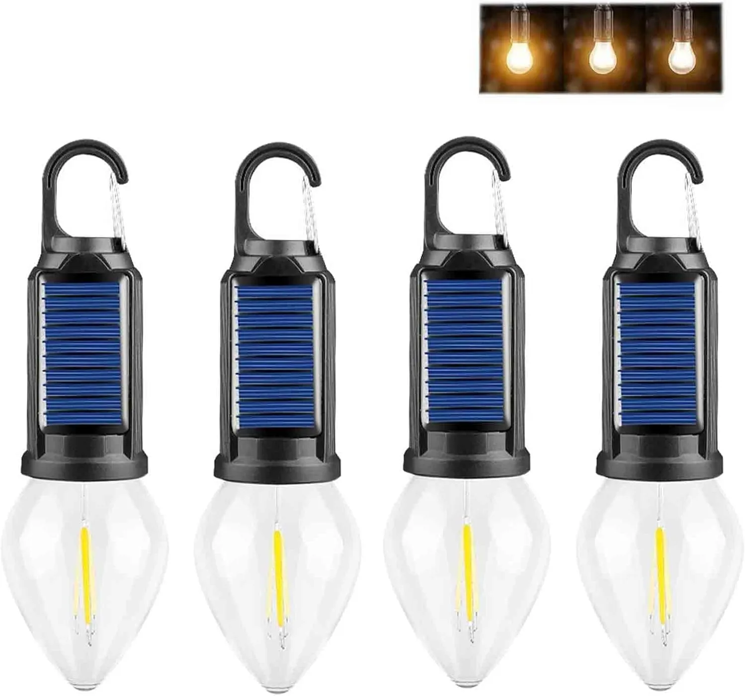 Solar Rechargeable Hooked Camping Light, Solar Tent Lights USB Rechargeable LED Camping Lantern, Outdoor Hanging Light Bulbs, Portable Outdoor Waterproof Emergency Light Bulb (Conical,4 PCS)