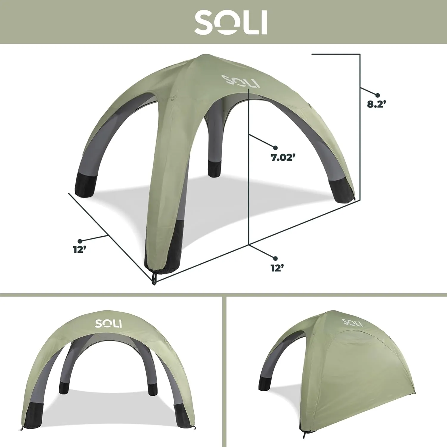 SOLI: Air Canopy 12' - Sage Green - Outdoor & Beach Self-Inflating Sun Tent, Shade Wall, UPF 50 , Pump-Stakes-Ropes, Lightweight & Portable, Backpack