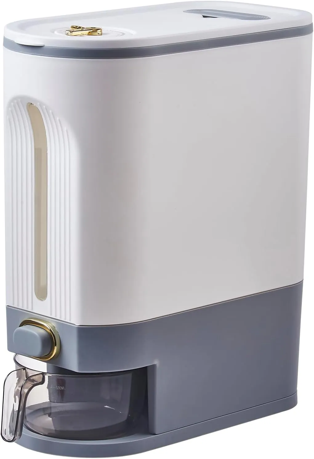 Sooyee 22 Lbs Rice Dispenser, Large Grain Container Storage with Lid Measuring Cylinder Moisture Proof Household Cereal Dispenser Bucket for Kitchen Soybean Corn,White and Grey