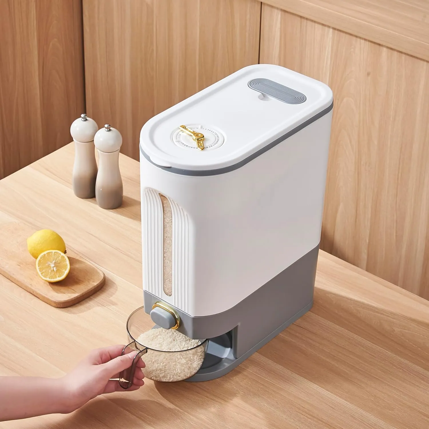 Sooyee 22 Lbs Rice Dispenser, Large Grain Container Storage with Lid Measuring Cylinder Moisture Proof Household Cereal Dispenser Bucket for Kitchen Soybean Corn,White and Grey