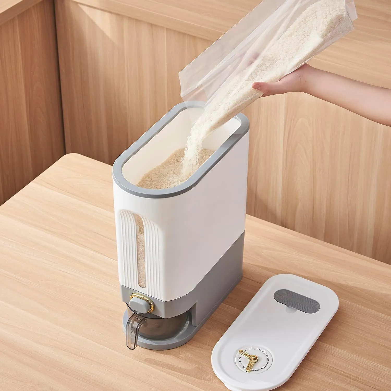Sooyee 22 Lbs Rice Dispenser, Large Grain Container Storage with Lid Measuring Cylinder Moisture Proof Household Cereal Dispenser Bucket for Kitchen Soybean Corn,White and Grey