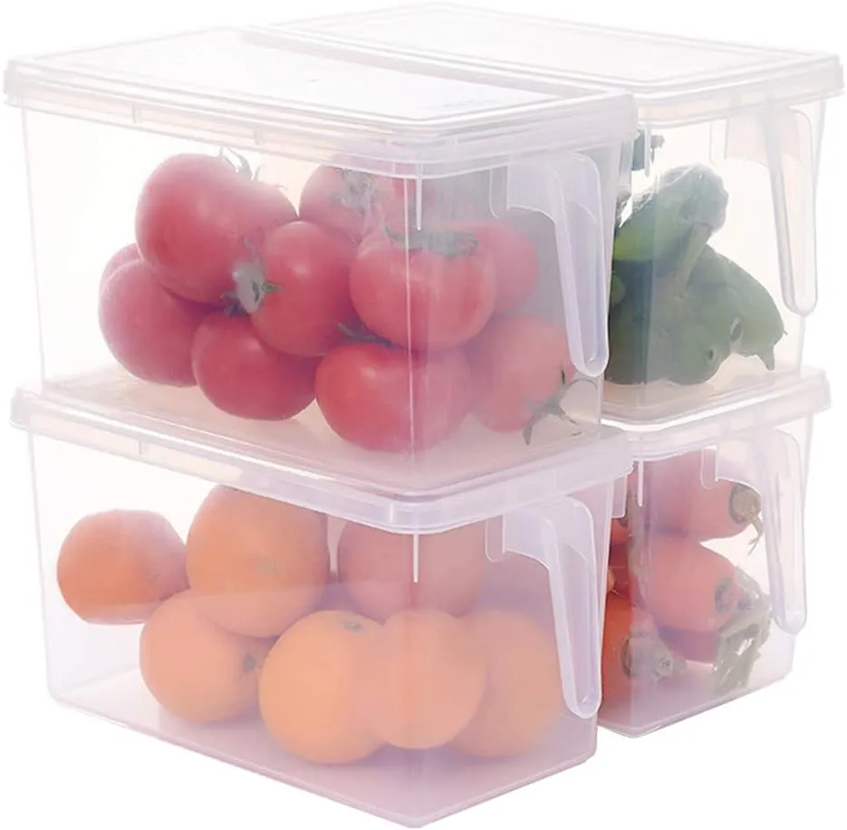 Sooyee Fridge Storage Containers Produce Saver, 4 Pack x 4L Stackable Refrigerator Organizer Keeper with Handle To Keep Fresh for Produce, Food,Fruits, Vegetables, Meat and Fish,Clear